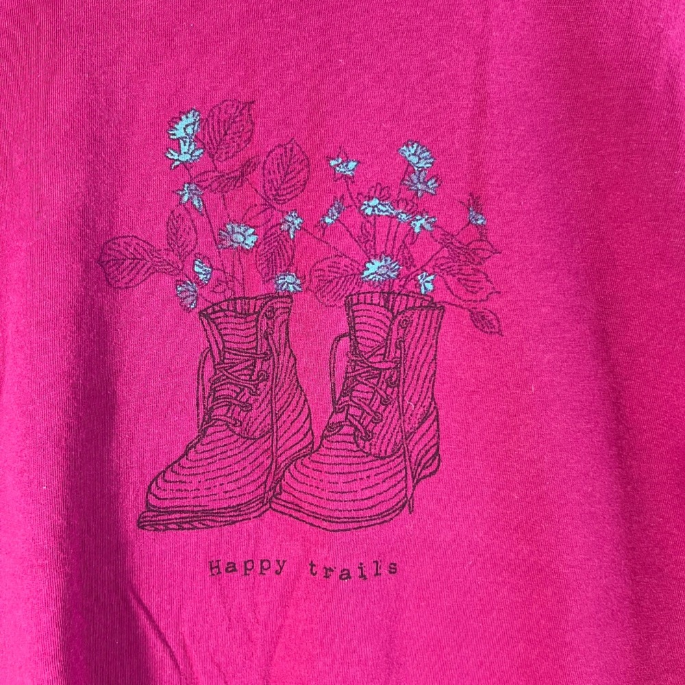 Life is Good Womens Large Magenta Pink Happy Trails Hiking Boots Graphic T-Shirt - Picture 3 of 8
